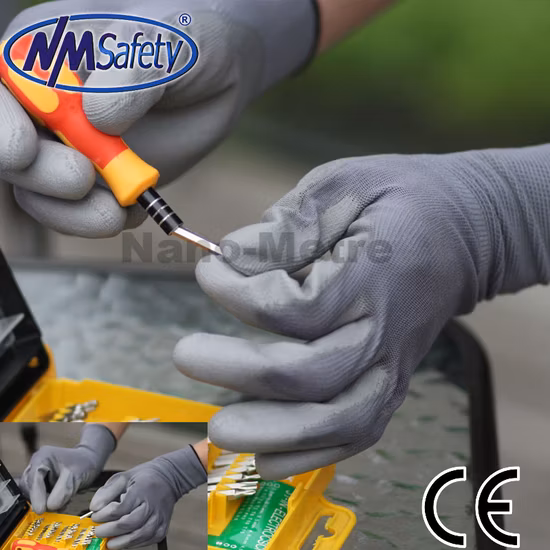Nmsafety 회색 폴리에스테르 손바닥 코팅 손 작업 안전 PU 코팅 장갑
